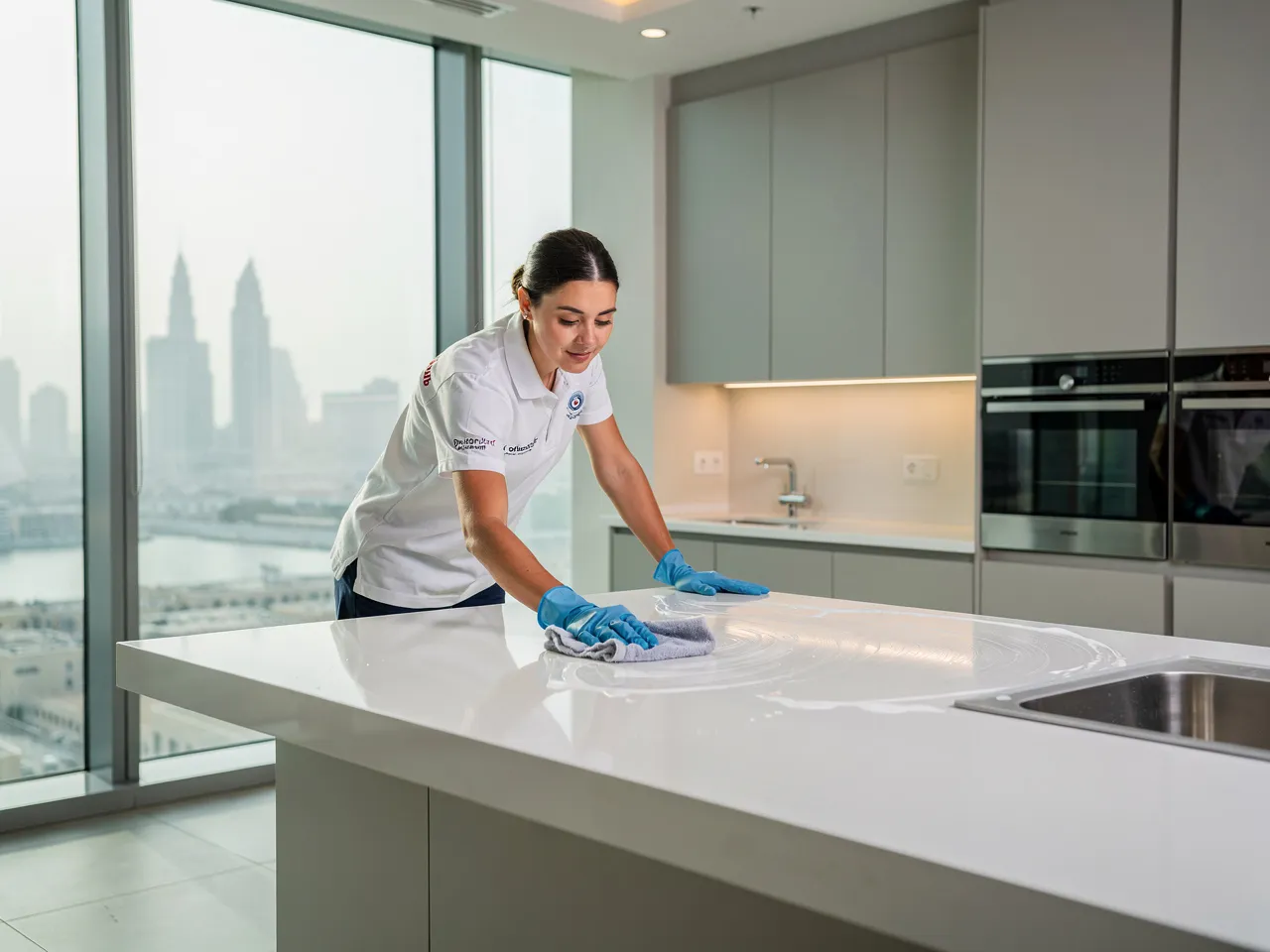 Professional cleaning of a modern kitchen counter