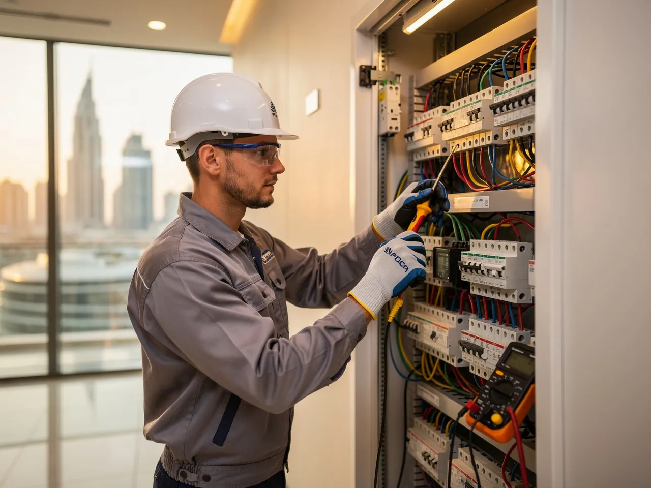 Electrician performing maintenance on electrical panel in Dubai building