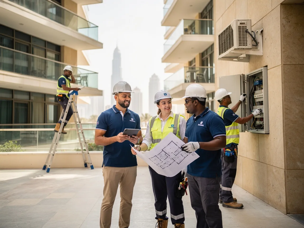 Building maintenance team working together in a Dubai residential complex