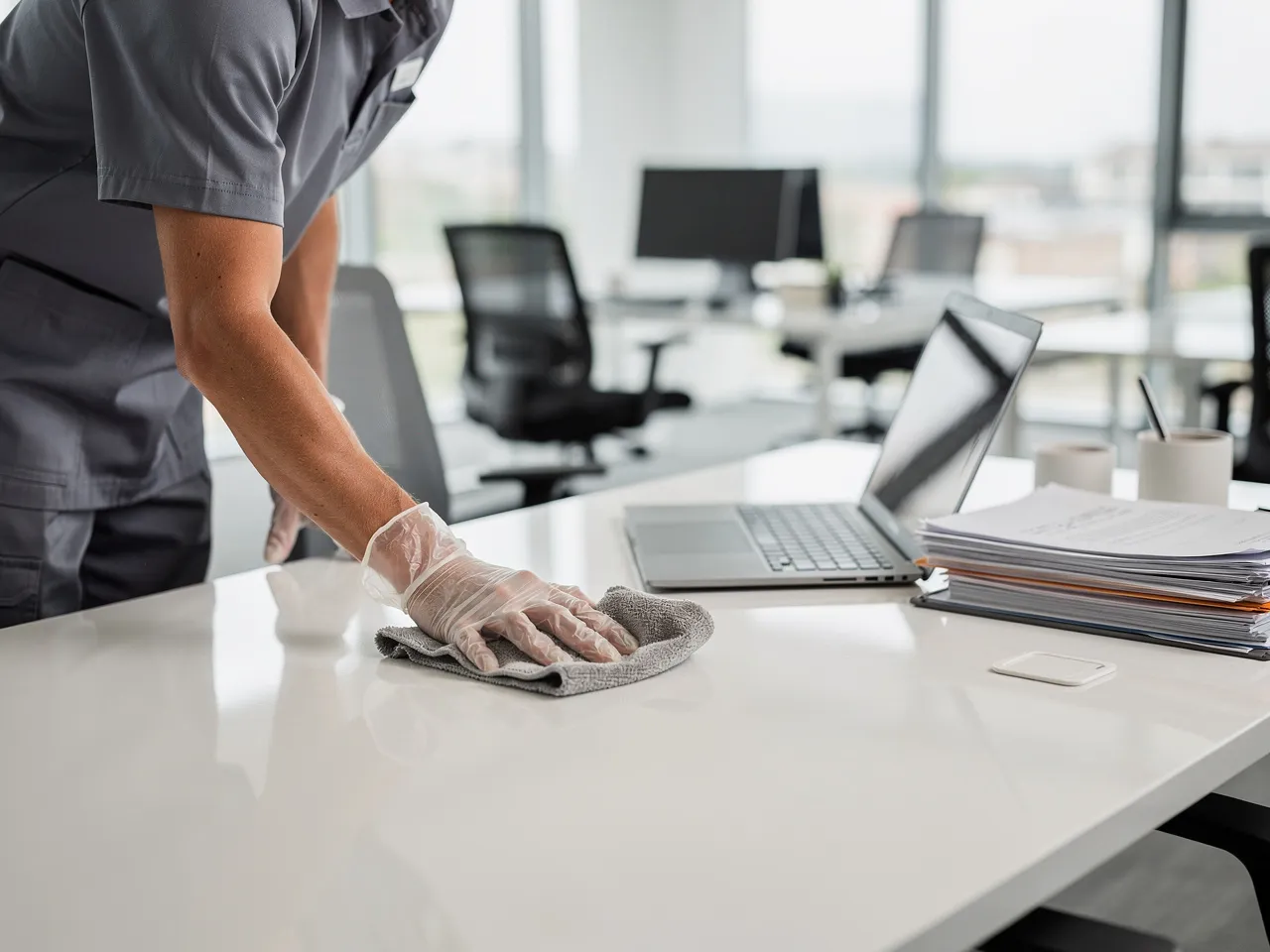 Office cleaning professional at work