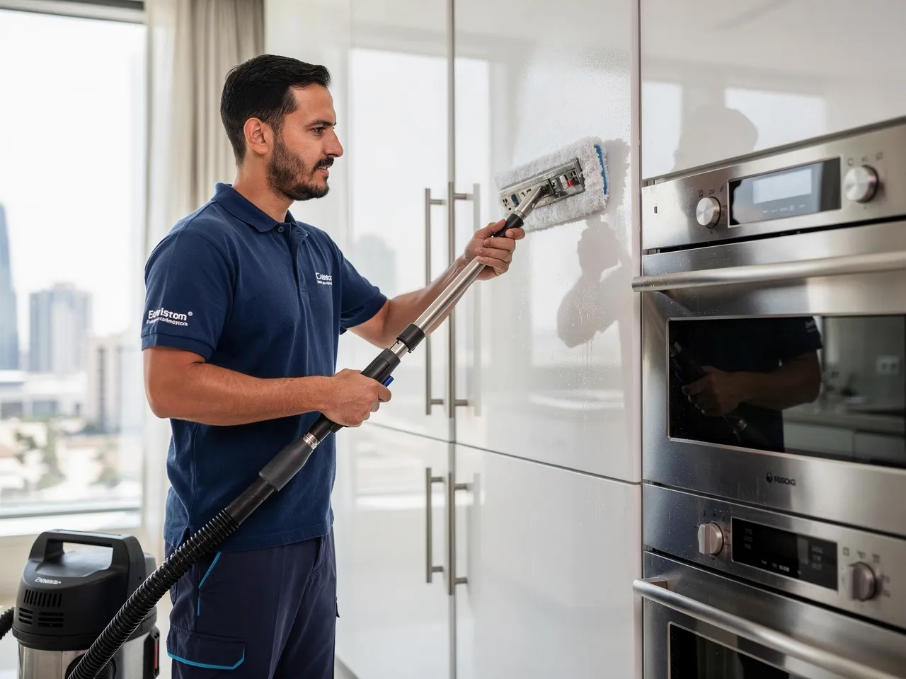 Professional deep cleaning of kitchen cabinets and appliances