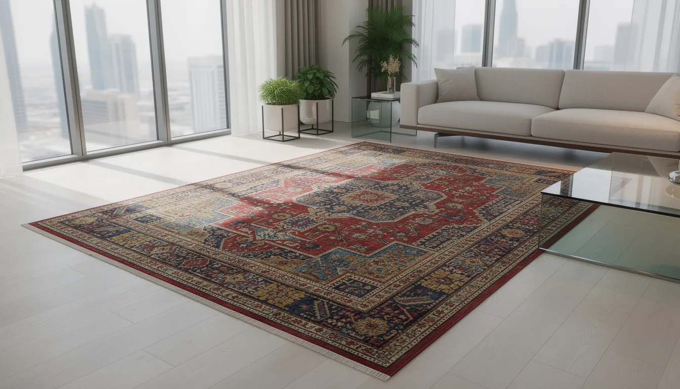 Vibrant Persian rug in a modern Dubai home