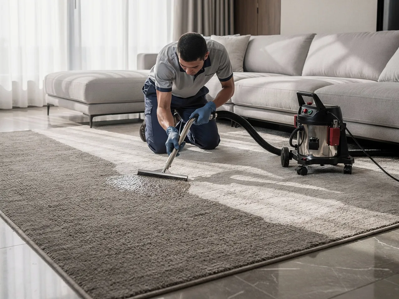 Professional cleaning of a large rug